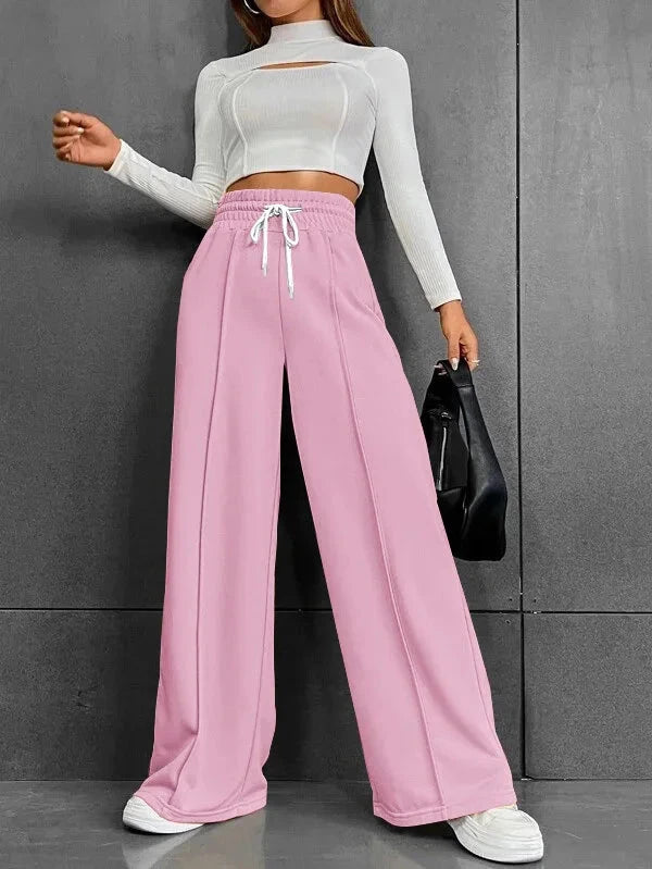 High Waist Wide Leg Pants Women Full Length Trousers Solid Capris Drawstring Pockets Loose Fit Sports Casual Slight Strech Colouronova