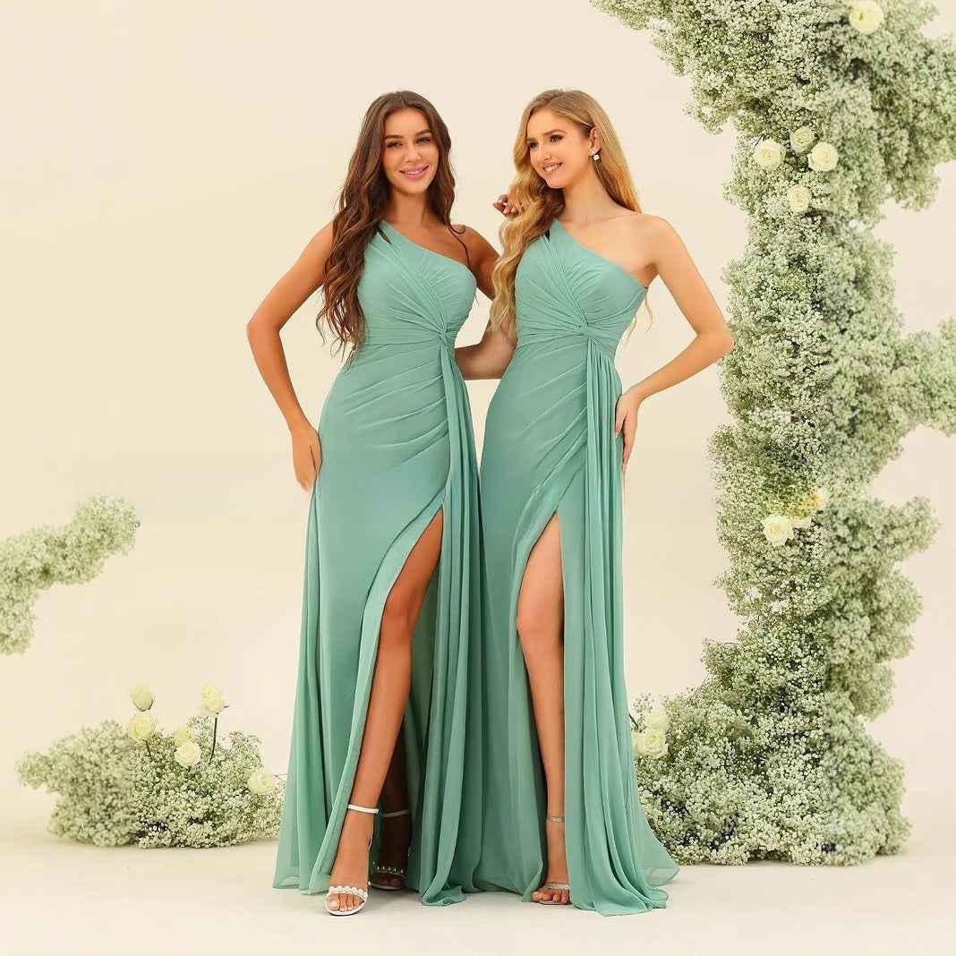 One Shoulder Pleated Long Chiffon Gowns