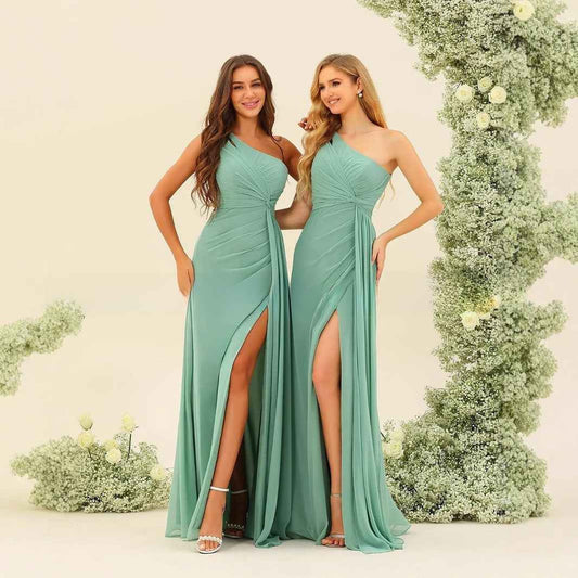 One Shoulder Pleated Long Chiffon Gowns