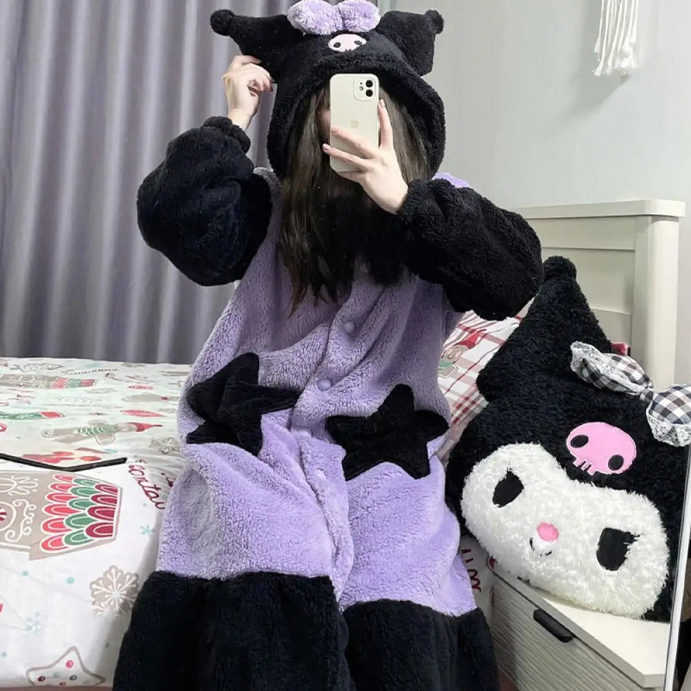 Plush Pajamas Night-Robe Suit Sanrioed Anime Kawaii Kuromi Coral Fleece Homewear Winter Long Style Thickened Nightgown Pants - Colouronova