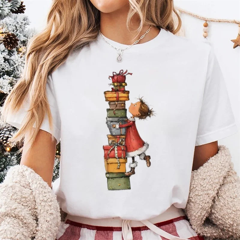 T-Shirt Women's Christmas Socks Christmas Gift Cartoon Street Round Neck Top Women's Casual Harajuku Fashion New Year T-Shirt - Colouronova