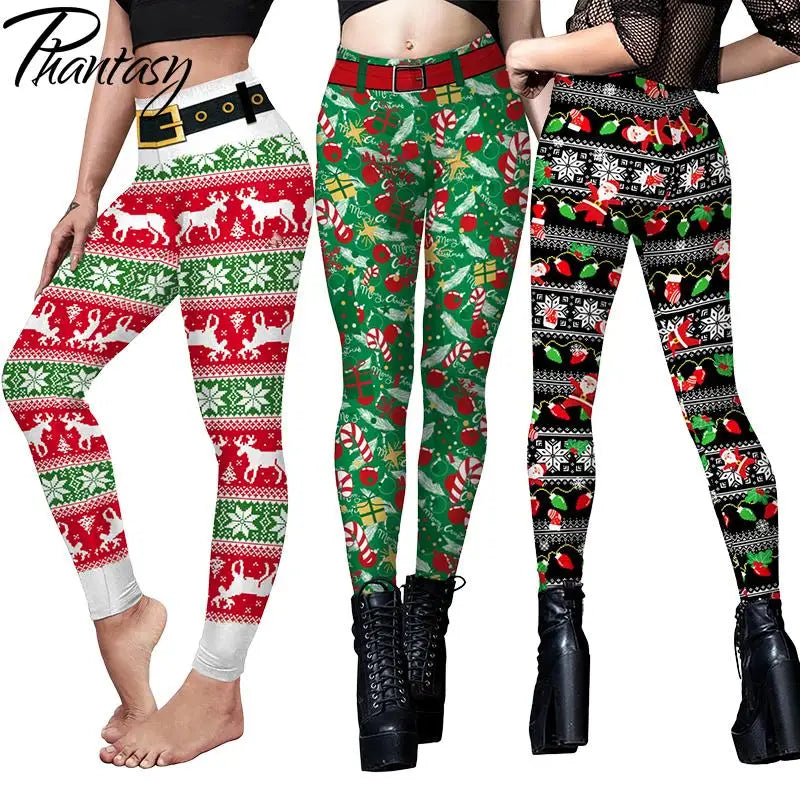 Phantasy Vintage Women Christmas Leggings Autumn Winter Women Xmas Pants Sexy Tights Trousers Festival Party Carnival Leggings - Colouronova