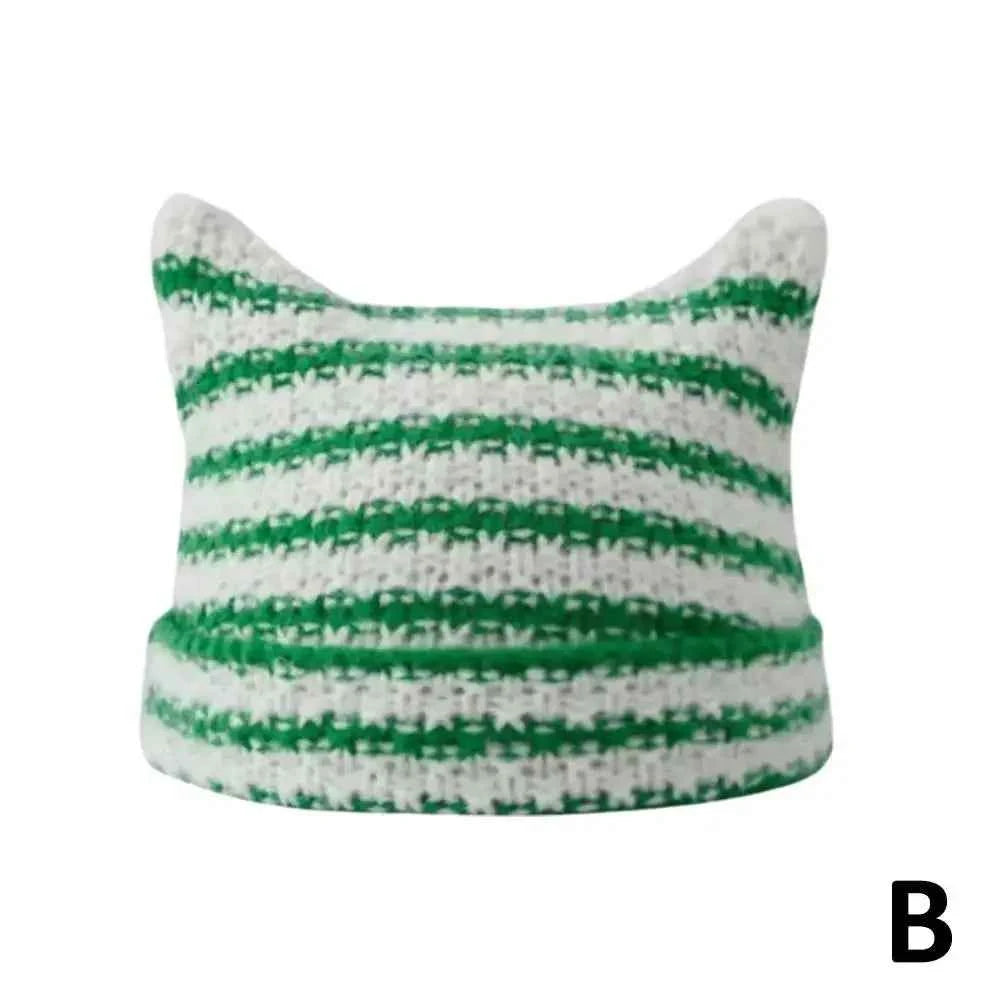 Japanese Streetwear Harajuku Little Devil Striped Knitted Cute Girls Cat Autumn Beanie Women and Hat Ears Cap Winter C1Q2