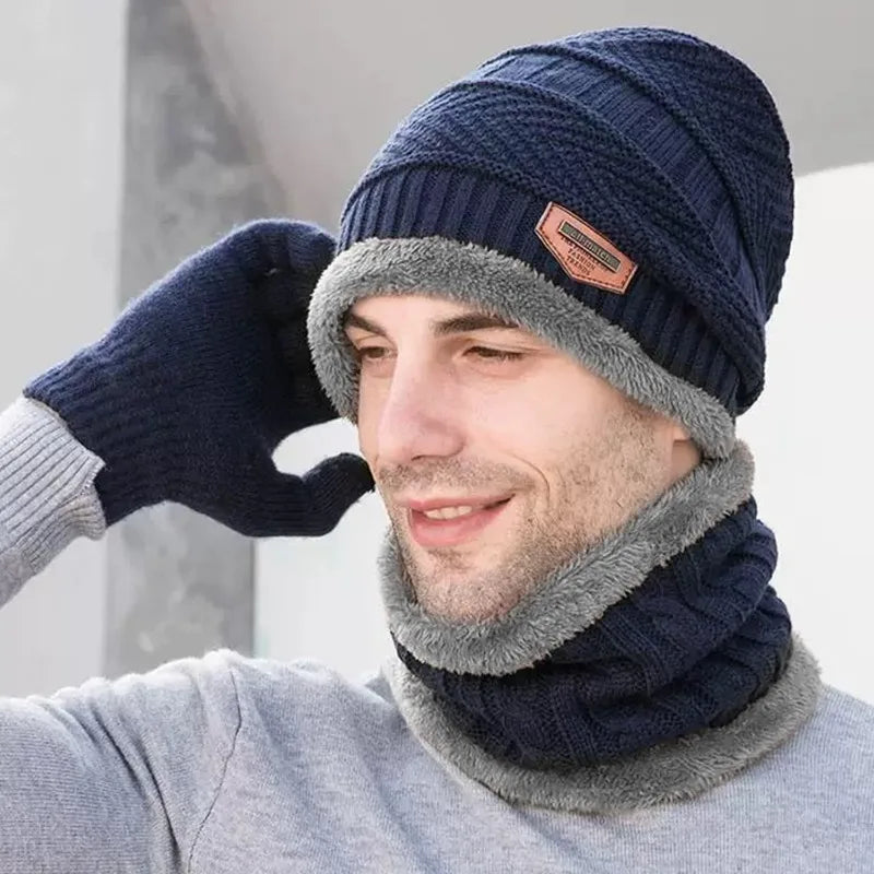 3Pcs/set Winter Beanie Hat Neck Warmer Gloves for Men Women Thicken Warm Plush Lined Knitted Outdoor Riding Windproof Scarf Caps - Colouronova