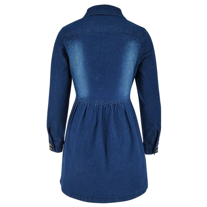 Benuynffy Vintage Single Breasted Denim Shirt Dress Women's Autumn 2025 Lapel Neck Long Sleeve Washed Casual A-Line Dresses - Colouronova