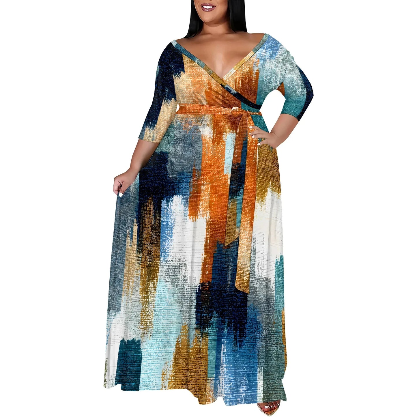 Plus Size Women's 3/4 Sleeve V-Neck Snowflake Print Wrap Maxi Dress Winter Elegant Party Dress Colouronova