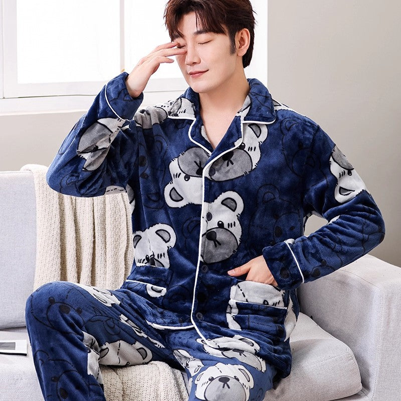 Men's Coral Fleece Pajama Set Long Sleeve Colouronova