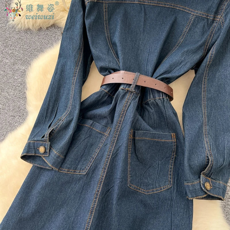 Autumn New Retro Style Quality Women's Split Denim Dress with Belt Fashion Long Jean Skirt Lady Elegant Vacation Cowboy Outfit - Colouronova