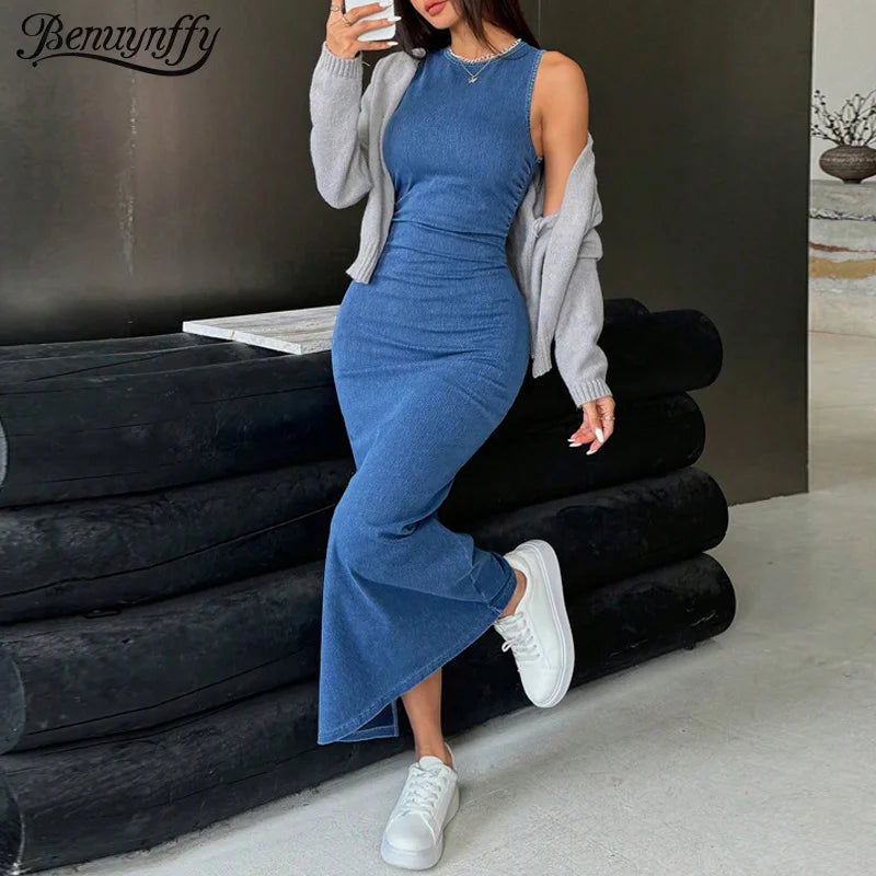 Benuynffy Elegant Split Hem Denim Dress Women's Fashion 2025 Summer Autumn Round Neck Sleeveless Zipper Hip-wrapped Long Dress - Colouronova
