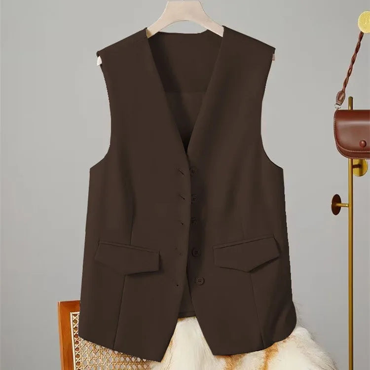 Vest Women Sleeveless Jacket Waistcoat V Neck Single Breasted Tops Outerwear Spring Summer Female 2025 Office Lady Vintage Coat - Colouronova