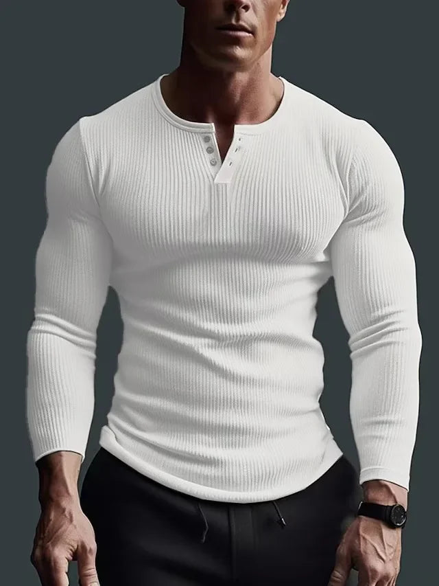 Men Tops T Shirts Full Sleeve V Neck Casual Regular Top Solid Button Splice Sheath Tees Simple Slim Fit Autumn Winter 2024 - Colouronova