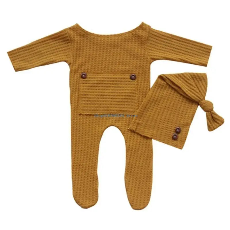 K9FF 2 Pcs/Set Knitted Jumpsuit Long Tail for Head Wrap Turban Beanie Cap Newborn Photography Props Baby Boy Girl Romper Hat - Colouronova