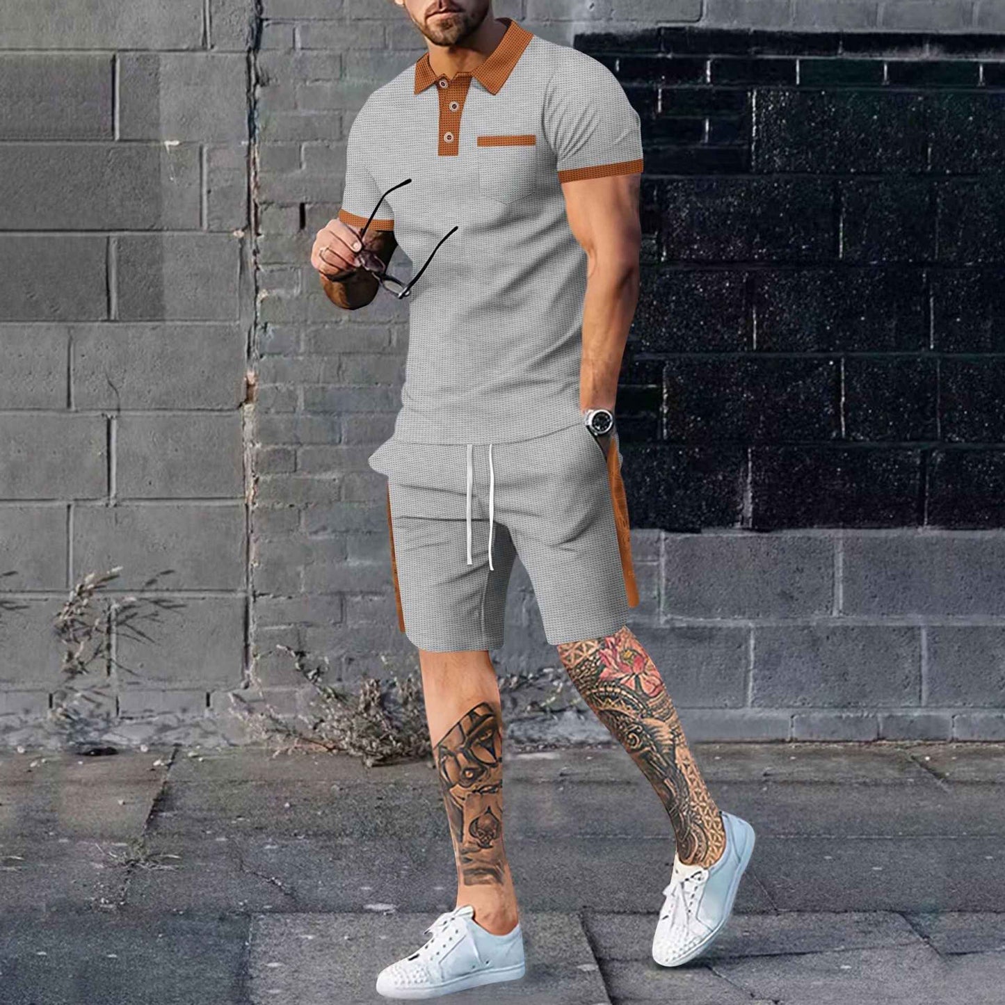 Men's casual suit short-sleeved waffle