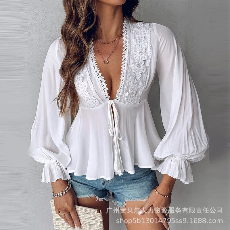 Women Tops Slash Neck Flare Sleeve Solid Pullovers Ruffles Casual T Shirts Elegant Lady Slight Strech Autumn 2024 Patchwork - Colouronova