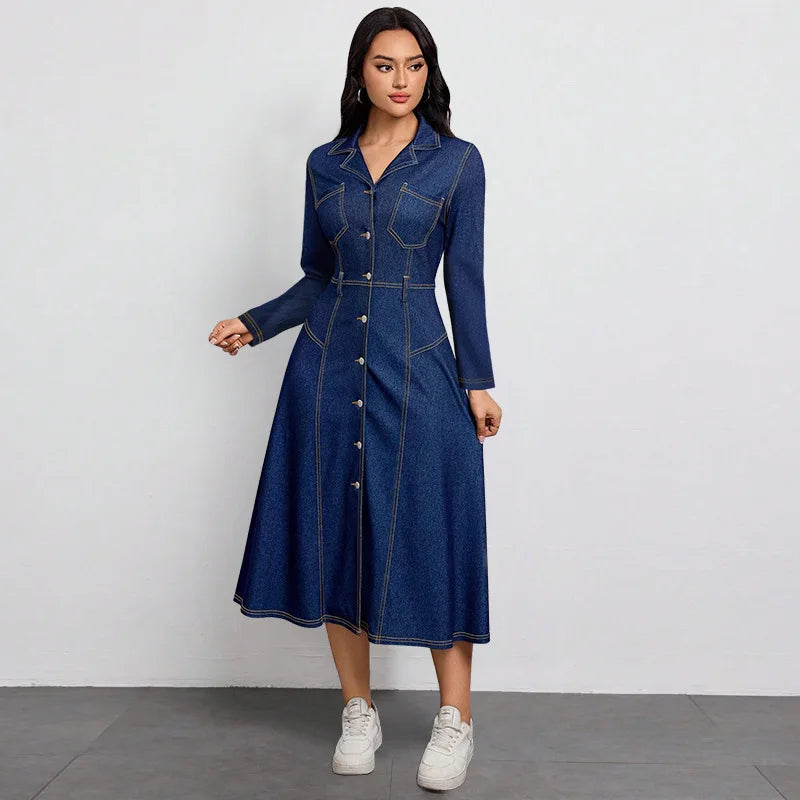 High-End Youthful Women's Denim Dress Waist-Cinching Thin Long-Sleeved Fashion Autumn - Colouronova