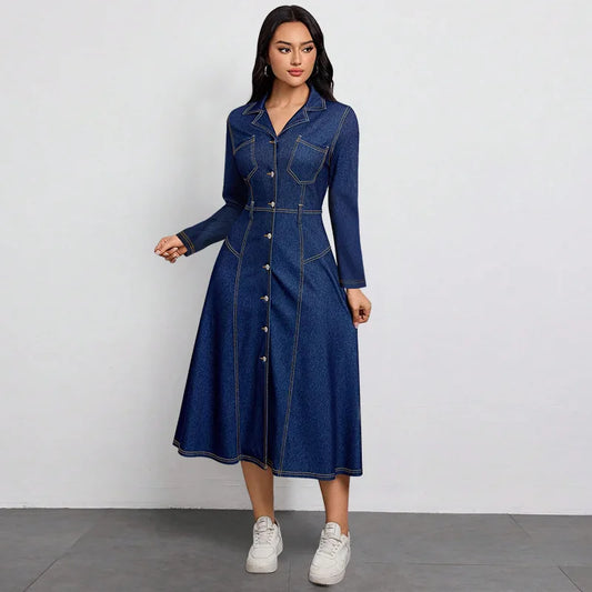 High-End Youthful Women's Denim Dress Waist-Cinching Thin Long-Sleeved Fashion Autumn - Colouronova