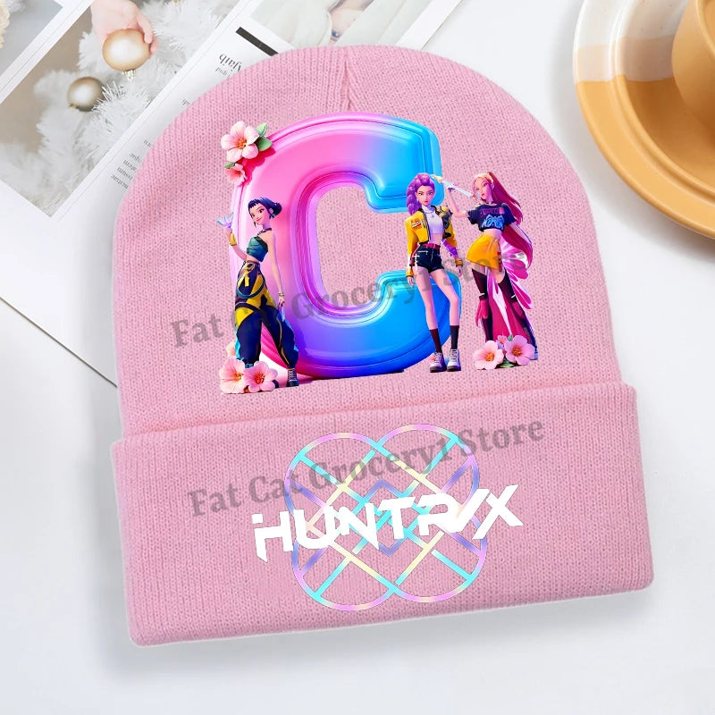Kpop Demon Hunter Knitted Hat Girls Cute Letter A-Z Knit Cap Kids Winter Outdoors Warm Beanies Children Fashion Headgear Gift - Colouronova