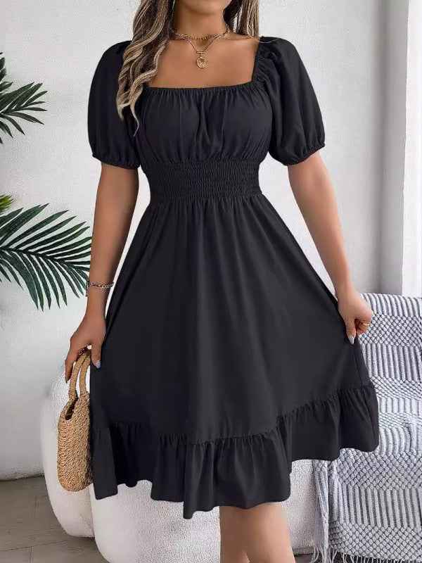 Square Neck Ruffle Hem A-Line Dress