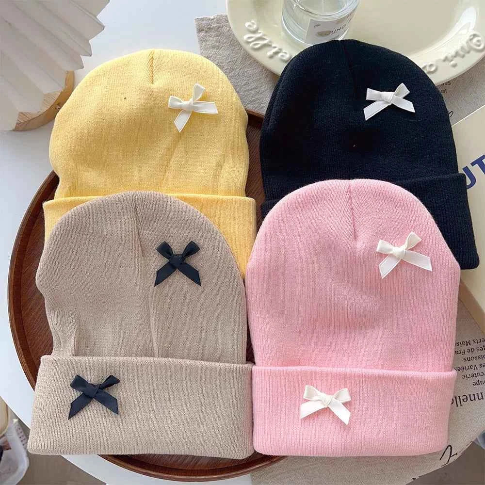 Korean Bow Women Beanie Cap Autumn Winter Warm Ins Style Cute Y2K Girls Knitted Hat Solid Color Bowknot Female Thermal Skullcap