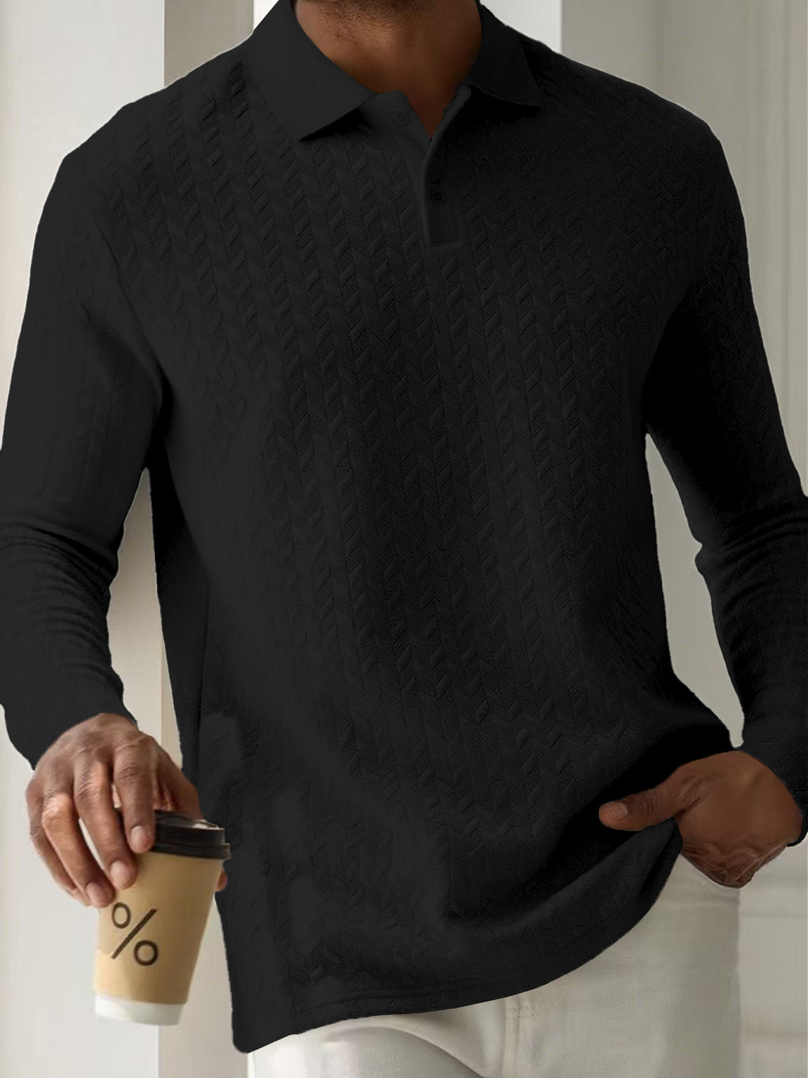 Mens Textured Long Sleeve Polo Shirts Colouronova
