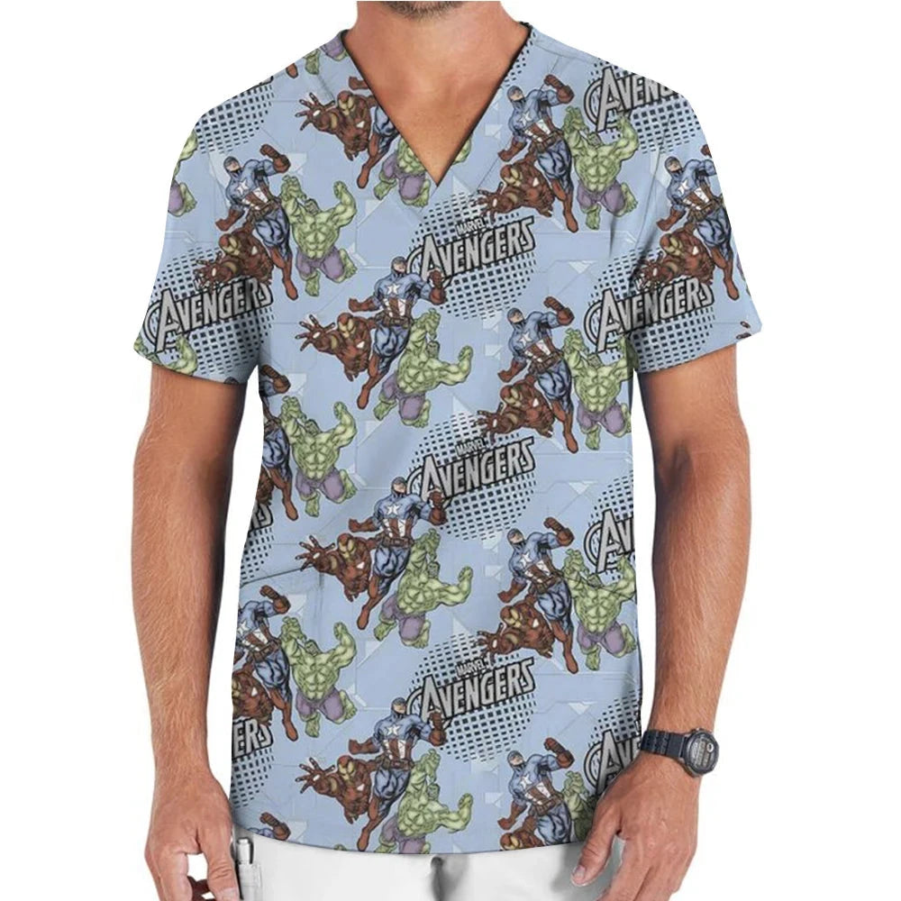 Medical Uniform Men's Nurse Marvel Superhero Matte V-neck Short sleeved Shirt Hospital Top Surgical Dress Men's Dentist T-shirt Colouronova