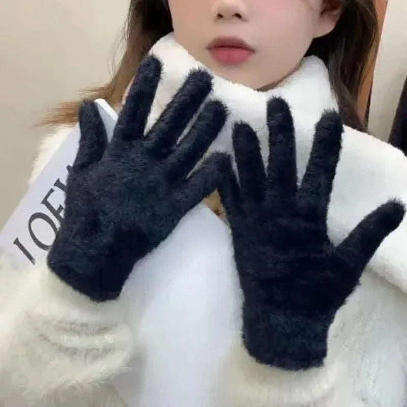 Fashion Winter Mink Velvet Five Finger Gloves Plush Warm Cold-proof Gloves Women Outdoors Cycling Solid Color Wistiti Mittens - Colouronova