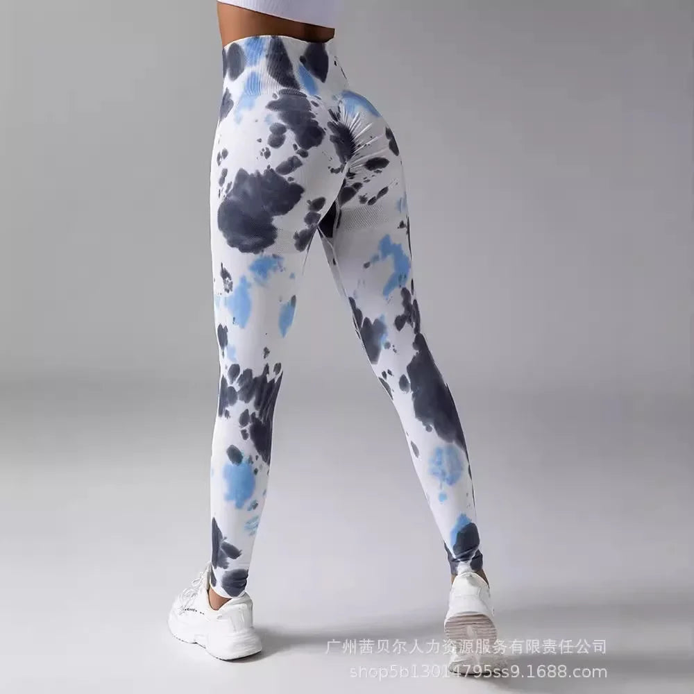 Women Sports Running Gym Work Out Pants Tie Dye Print Butt Lifting Yoga Pants High Waist Booty Scrunch Leggings - Colouronova