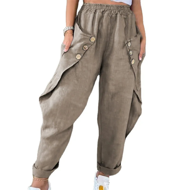 Harem Pants Women Elastic Waist Pockets Button Solid Distressed Slacks Female Streetwear 2025 Casual Ankle Length Trousers - Colouronova