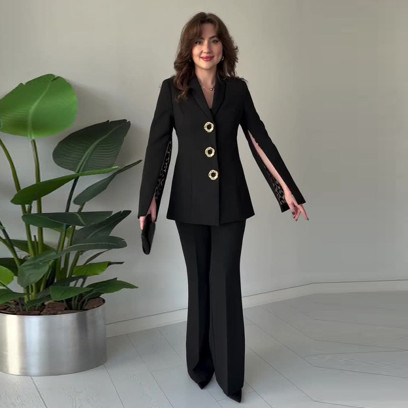 Long-sleeved slimming black two-piece suit Colouronova