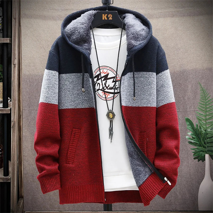 Men Patchwork Winter Warm Sweaters Fleece Jumper Hooded Cardigan Men's Clothing Knitted Coat Male Knitwear Thick Slim Jacket - Colouronova