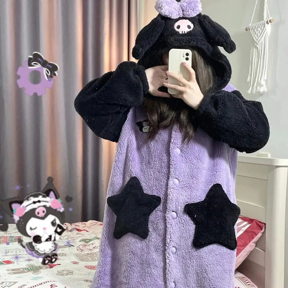 Plush Pajamas Night-Robe Suit Sanrioed Anime Kawaii Kuromi Coral Fleece Homewear Winter Long Style Thickened Nightgown Pants - Colouronova