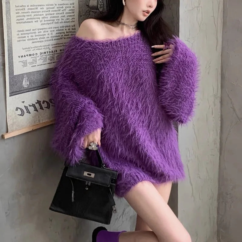 Women's Autumn Winter Faux Mink Hair Fuzzy Loose Long Sweater Lady Casual Solid Collar Pullover Long Sleeve Jumper - Colouronova