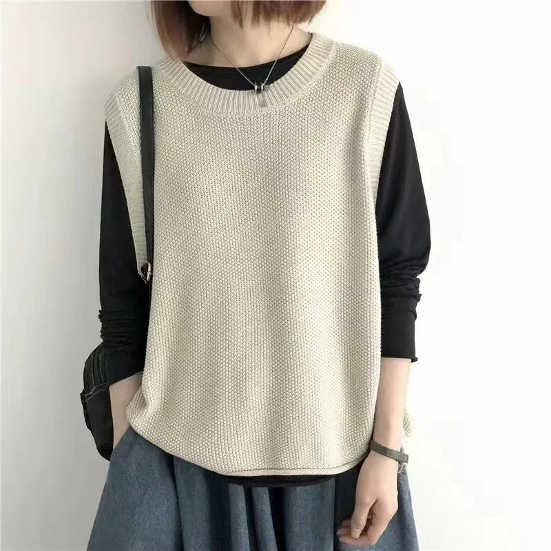 Autumn New Women's Fashion Round Neck Knitted Vest Sleeveless Solid Color Spring Versatile Female Chic Casual Tank Top - Colouronova