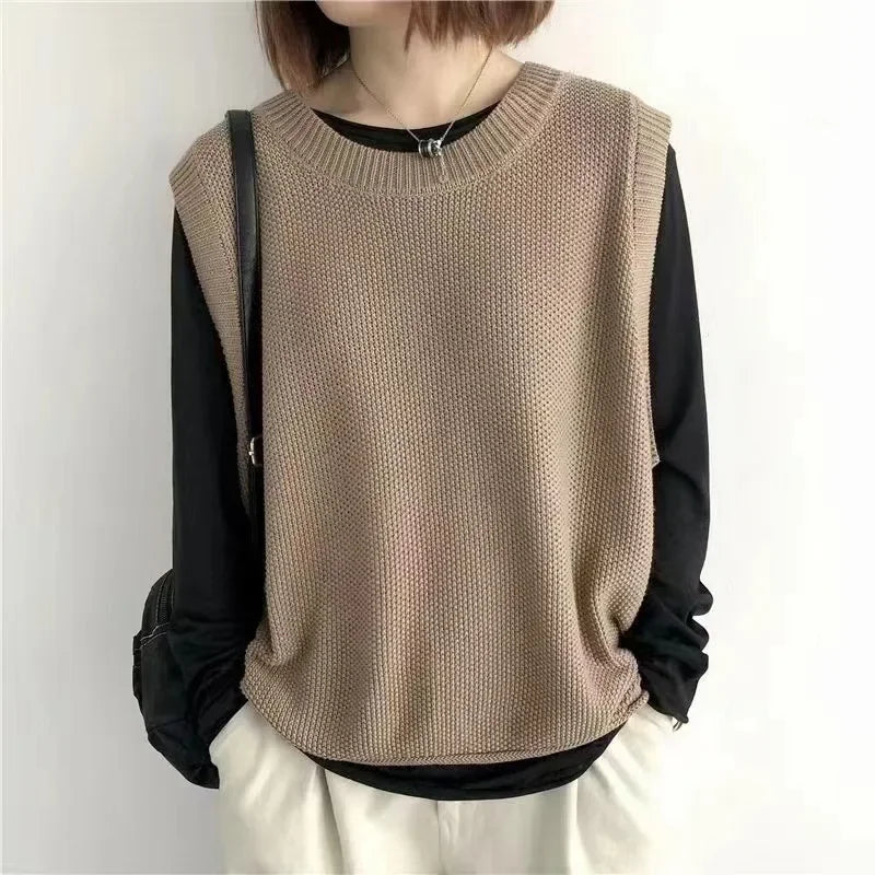 Autumn New Women's Fashion Round Neck Knitted Vest Sleeveless Solid Color Spring Versatile Female Chic Casual Tank Top - Colouronova