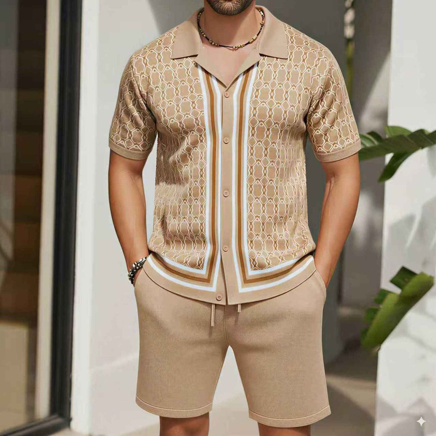 Men's Jacquard Knitted Short-Sleeve and Shorts Set