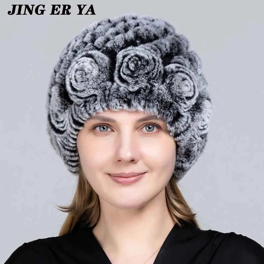 JINGERYA Winter Hat Women Warm Floral Rex Rabbit Fur Knitted Beanie Striped Classic Natural Real Fur Hats