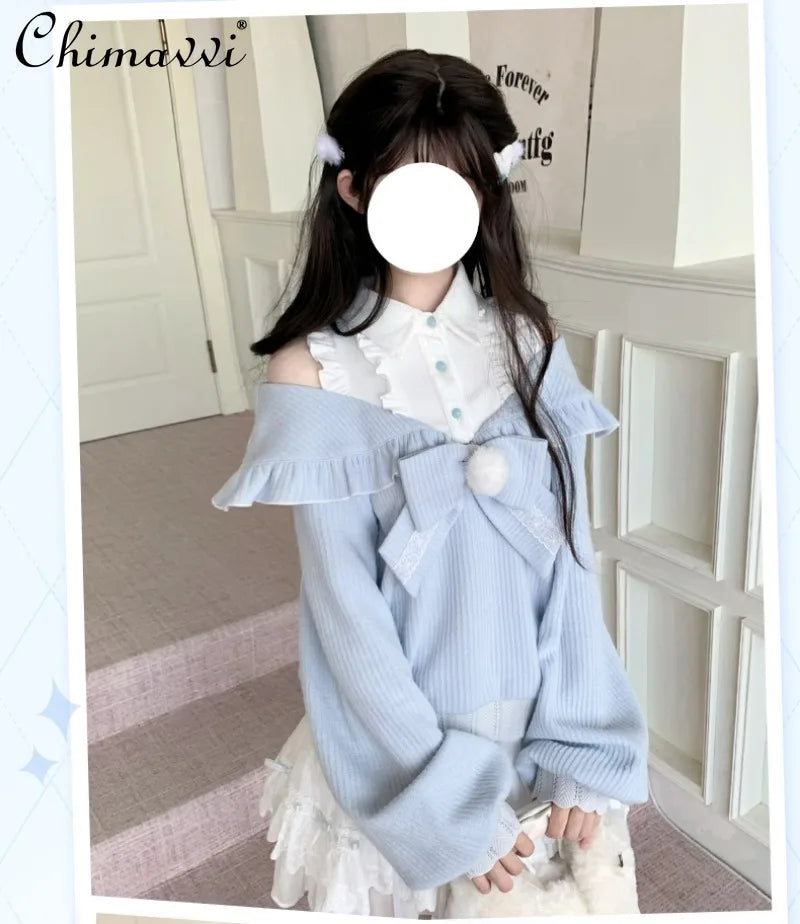 Original Design Water Color Sweet Bow Cute Girl Long Sleeve Off Shoulder Sweater + Skirt 2025 Autumn Winter New Lolita Set - Colouronova
