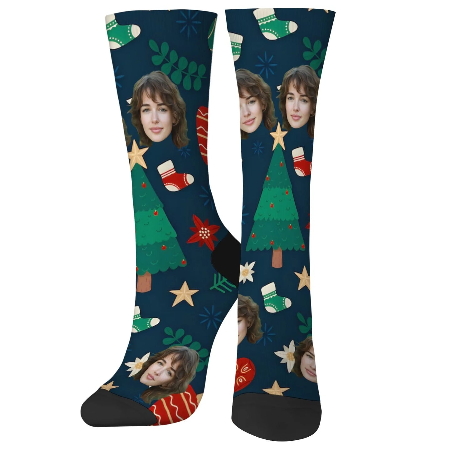 Personalized Christmas Gift Socks Custom Face & Christmas Elements Tree Socks Ornaments on Dark Blue Unique Present for Family - Colouronova
