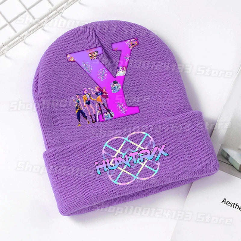 Demone Hunter Kids Knitted Hats Cute Letters A-Z Anime Girl Kawaii Beanie Headgear Outdoor Street Warm Knit Cap Party Games Gift - Colouronova