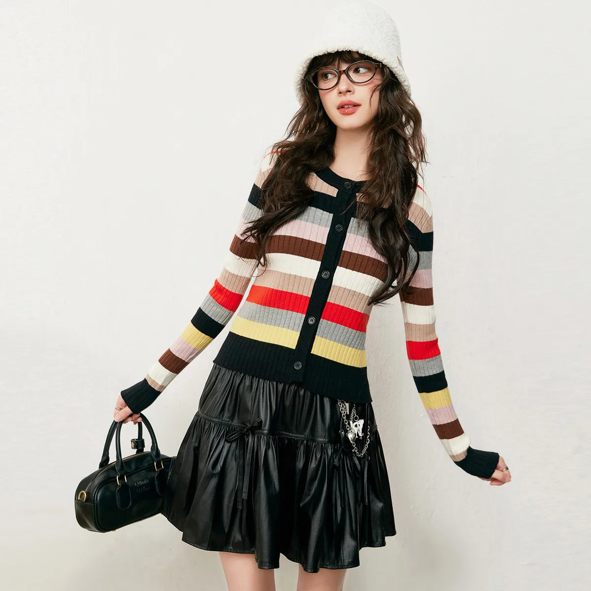 LOUIS YAO Colorful Striped Women's Knitted Sweater 2025 Autumn Fashion Cardigan Micro Elastic Slim Fit Knitted Long Sleeved Top - Colouronova