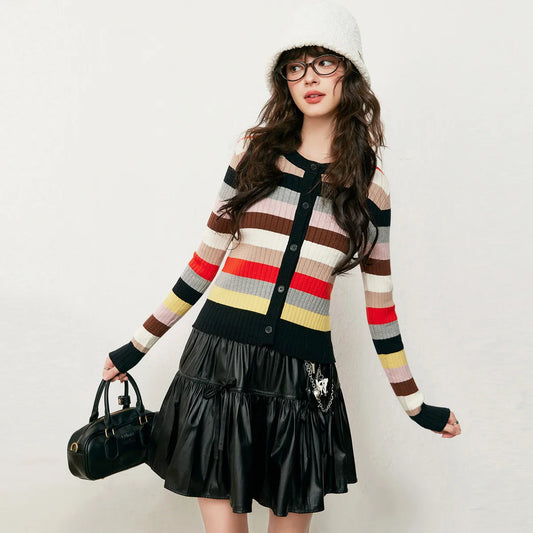 LOUIS YAO Colorful Striped Women's Knitted Sweater 2025 Autumn Fashion Cardigan Micro Elastic Slim Fit Knitted Long Sleeved Top - Colouronova