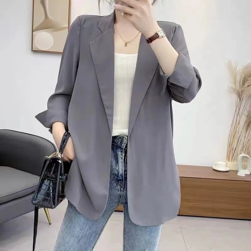 Women Blazer Jacket Cardigan Summer Suit Coat Three Quarter Sleeve Turn Down Collar Office Lady Open Stitch Outerwear 2025 - Colouronova