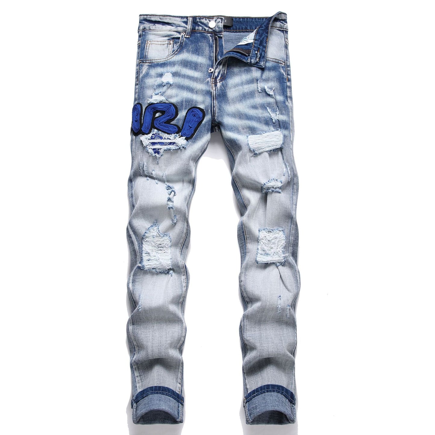 Blue Embroidered Distressed Patchwork Slim-Fit Jeans Colouronova