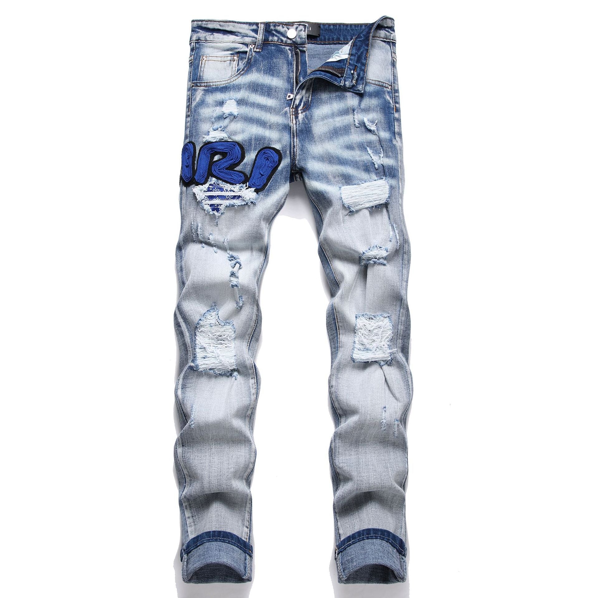 Blue Embroidered Distressed Patchwork Slim-Fit Jeans Colouronova