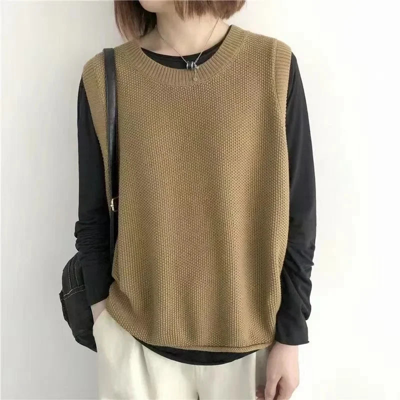 Autumn New Women's Fashion Round Neck Knitted Vest Sleeveless Solid Color Spring Versatile Female Chic Casual Tank Top - Colouronova