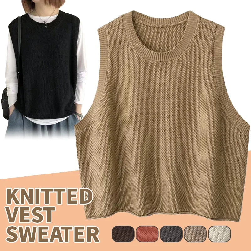 Autumn New Women's Fashion Round Neck Knitted Vest Sleeveless Solid Color Spring Versatile Female Chic Casual Tank Top - Colouronova