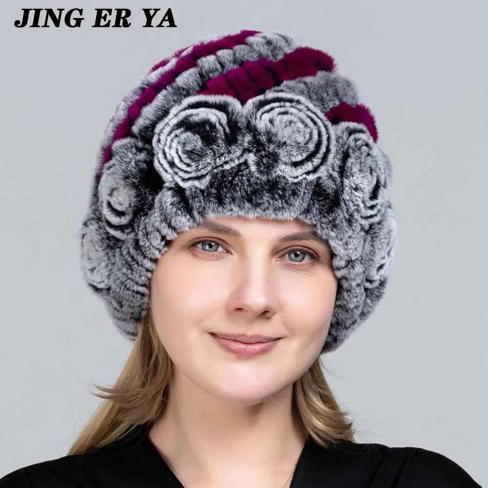 JINGERYA Winter Hat Women Warm Floral Rex Rabbit Fur Knitted Beanie Striped Classic Natural Real Fur Hats