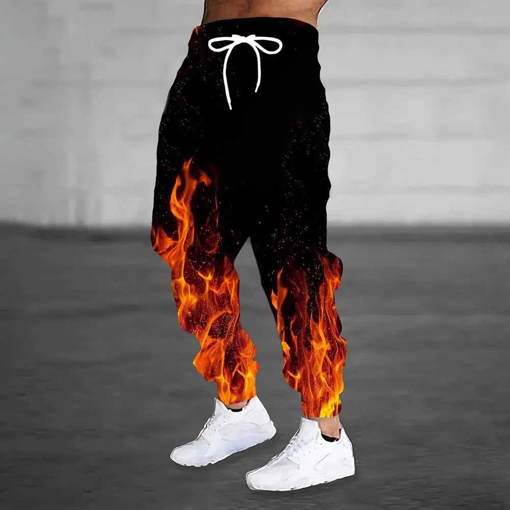 Winter New Thick Warm Pants 2026 New Fashion 3D Flame Print Sweatpants Men Large Size Loose Casual Pocket Drawstring Sweatpants - Colouronova