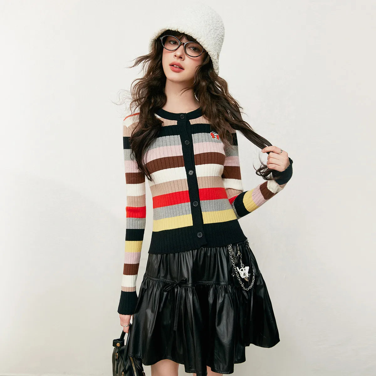 LOUIS YAO Colorful Striped Women's Knitted Sweater 2025 Autumn Fashion Cardigan Micro Elastic Slim Fit Knitted Long Sleeved Top - Colouronova