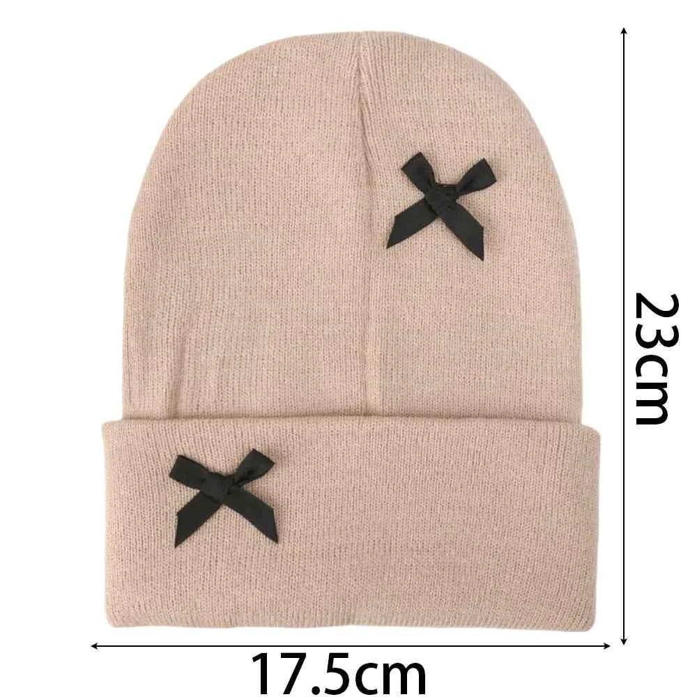 Korean Bow Women Beanie Cap Autumn Winter Warm Ins Style Cute Y2K Girls Knitted Hat Solid Color Bowknot Female Thermal Skullcap